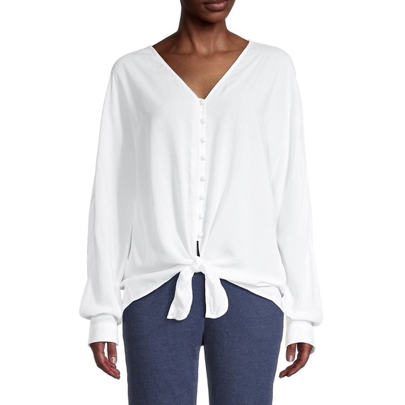 BeachLunchLounge Knotted Hem Top White Button Front Dolman Sleeve White Chic M - Picture 1 of 12